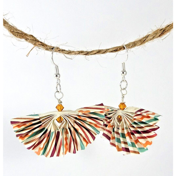 Multicolor Striped Origami Fan Earrings with Swarovski Beads - Picture 2 of 7